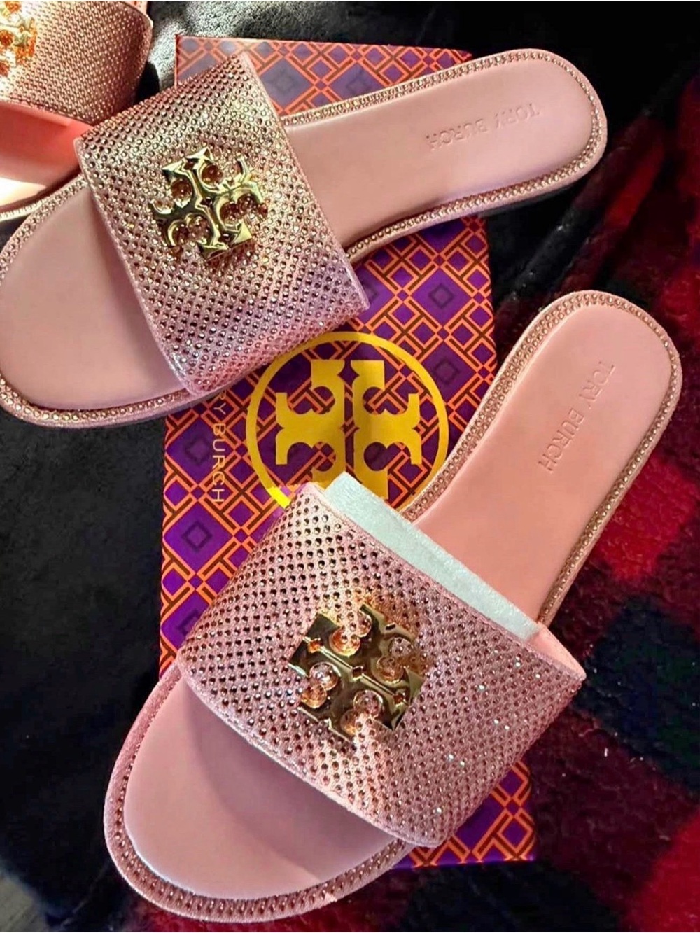 Tory Burch Pink Crystal Logo Slide Sandals